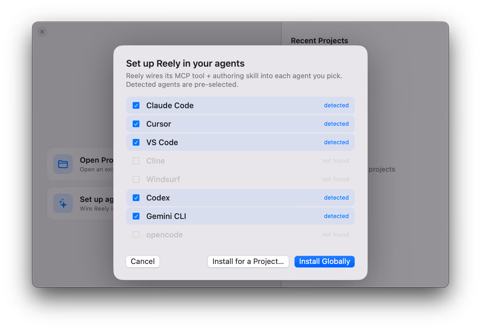 Reely agent picker with Claude Code, Cursor, VS Code, Codex and Gemini CLI detected