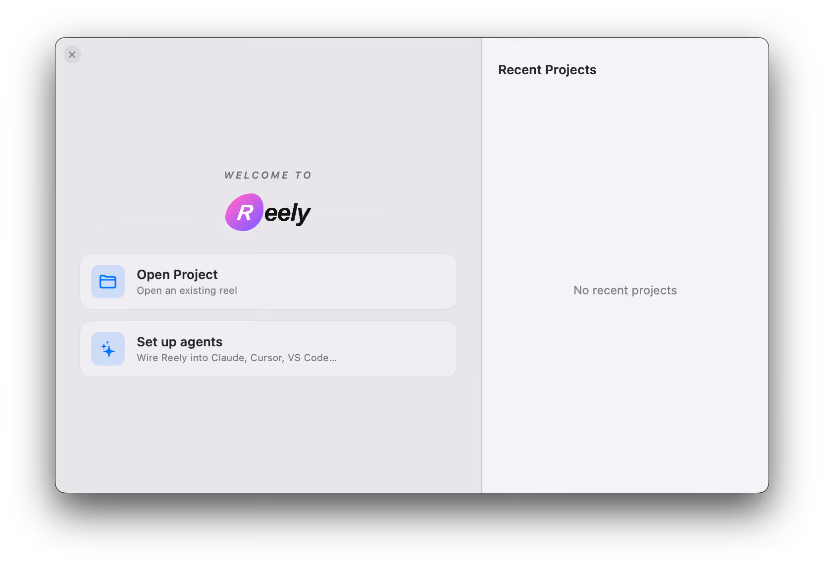 Reely welcome screen with the Set up agents card