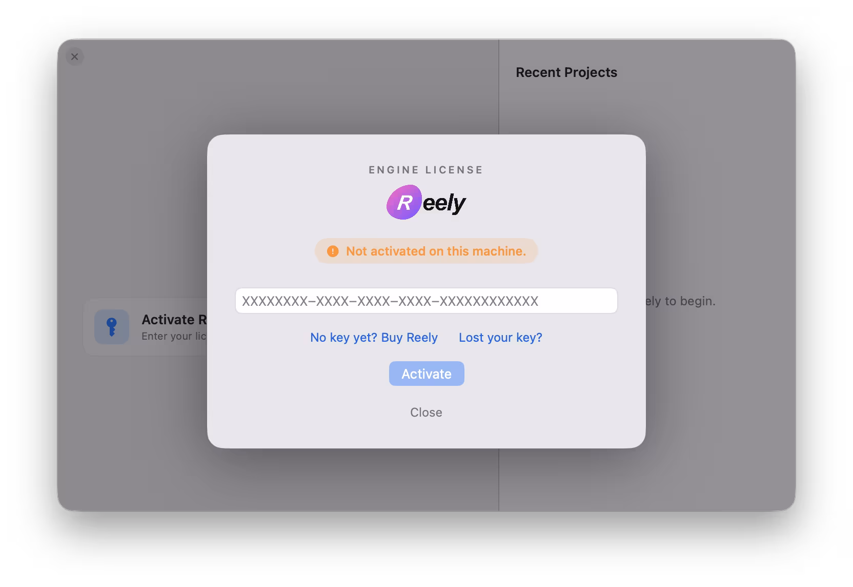 Reely welcome screen with the option to activate a license key